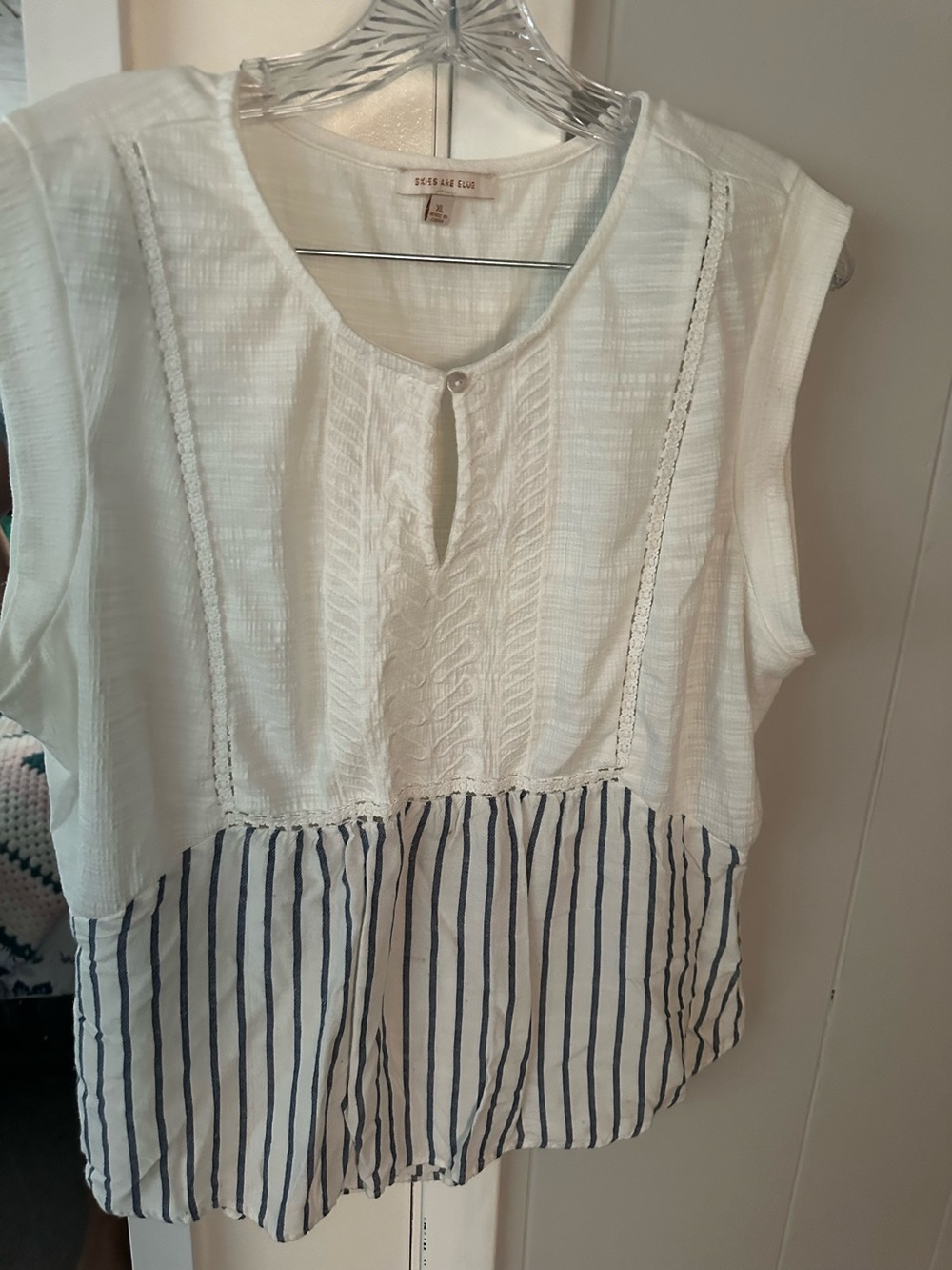 White Sleeveless Mixed-Media Top with Navy Stripe Hem